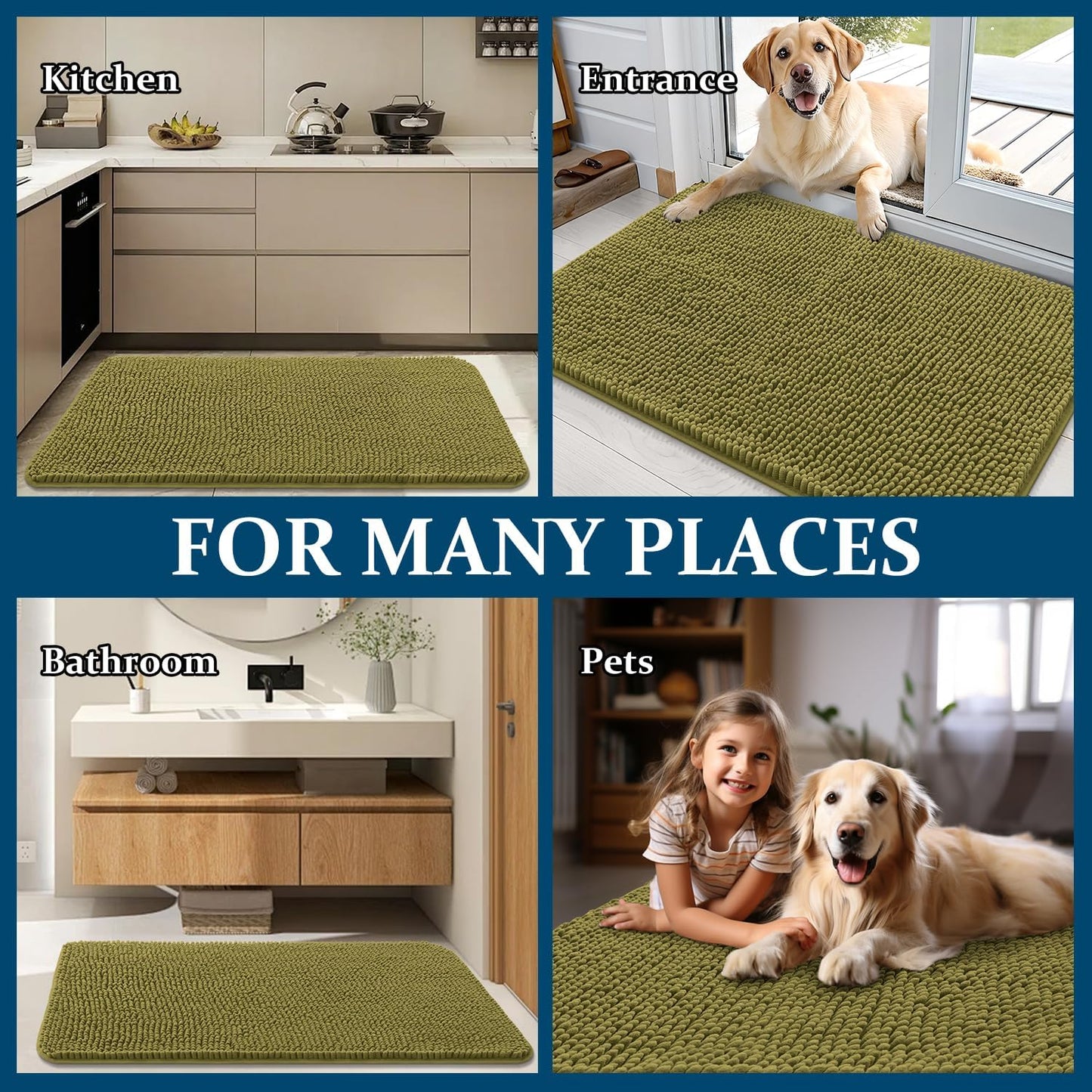OLANLY Dog Door Mat - Absorbent Non-Slip Chenille Mat for Muddy Paws | 24x16, Quick Dry, Willow Green