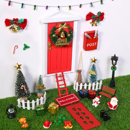 Celltestria 39-Piece Red Christmas Elf Fairy Door Decoration Set | Miniature Figures & Wooden Doors for Dollhouses