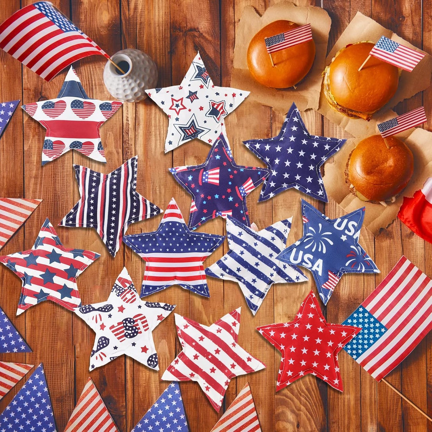 Oudain 15 Pcs Large 5-Inch Patriotic Star Tree Ornaments - Red, White & Blue Fabric Decor for 4th of July