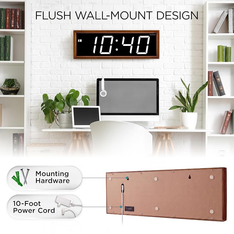 Ivation Large Digital Wall Clock, Big LED Display & Stylish Wood Frame, 18"