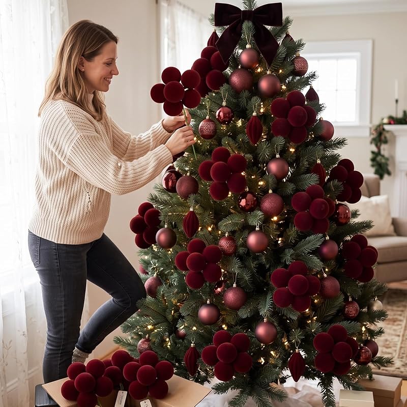 Junkin Burgundy Velvet Christmas Tree Ball Picks, 12 Packs (2-Inch Balls) Variation: Burgundy