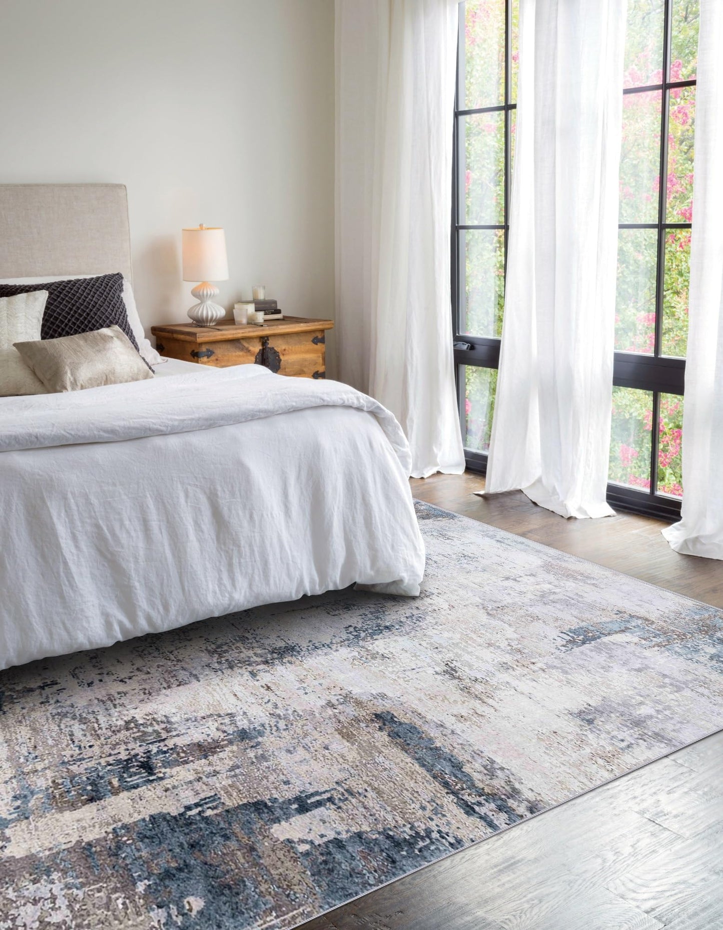 vivorug Washable Rug, Ultra Soft Area Rug 5x7, Non Slip Abstract Rug Foldable, Stain Resistant Rugs for Living Room Bedroom, Modern Fuzzy Rug (Grey/Navy, 5'x7')