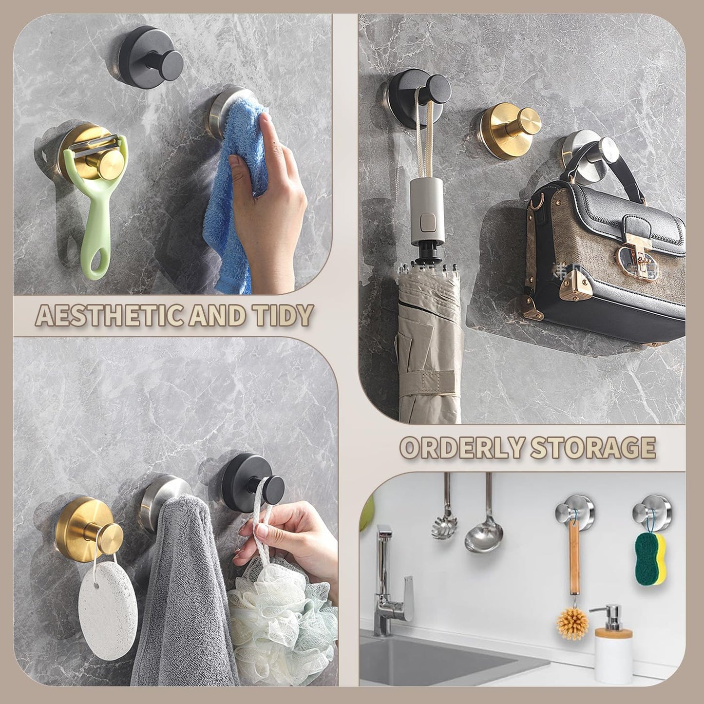Skiennix Drill-Free Suction Cup Hooks - Stainless Steel for Shower & Bathroom | 4 Pack, Black