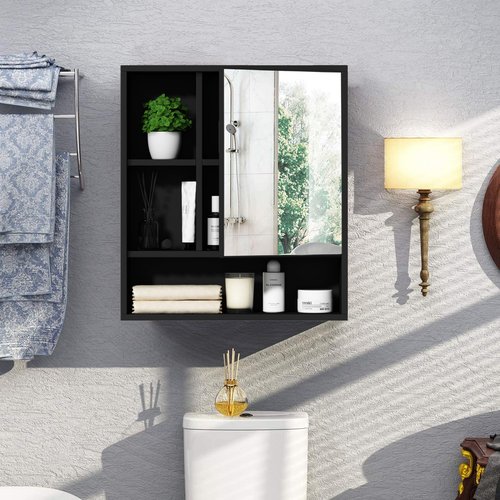 ChooChoo Bathroom Wall Mirror Cabinet, Medicine Cabinet with Single Door and Adjustable Shelf, Over The Toilet Space Saver Storage Cabinet, Black