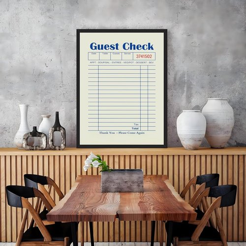 Licpach Canvas Print - Retro Guest Check Wall Art for Dining Room | Funny Blue Receipt Design, 8x12 Inch Black Frame