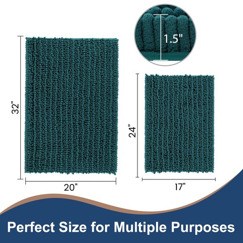 FLOLEOPA Luxury Chenille Teal Green Bathroom Rugs Bath Mats Sets, Extra Soft and Absorbent Bathroom Rugs Non Skid Machine Wash Dry Bath Mats(32"x20" Plus 17"x24")