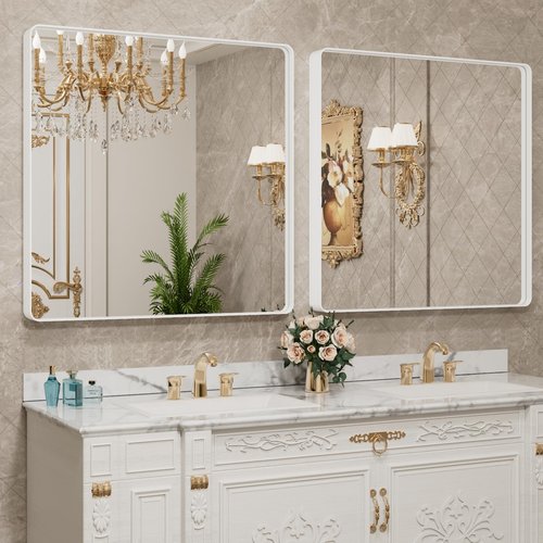 LOAAO 38x38 Inch White Metal Framed Bathroom Mirror for Wall, White Bathroom Vanity Mirror Farmhouse, Large Rounded Rectangle Mirror, Anti-Rust, Tempered Glass, Hangs Horizontally or Vertically