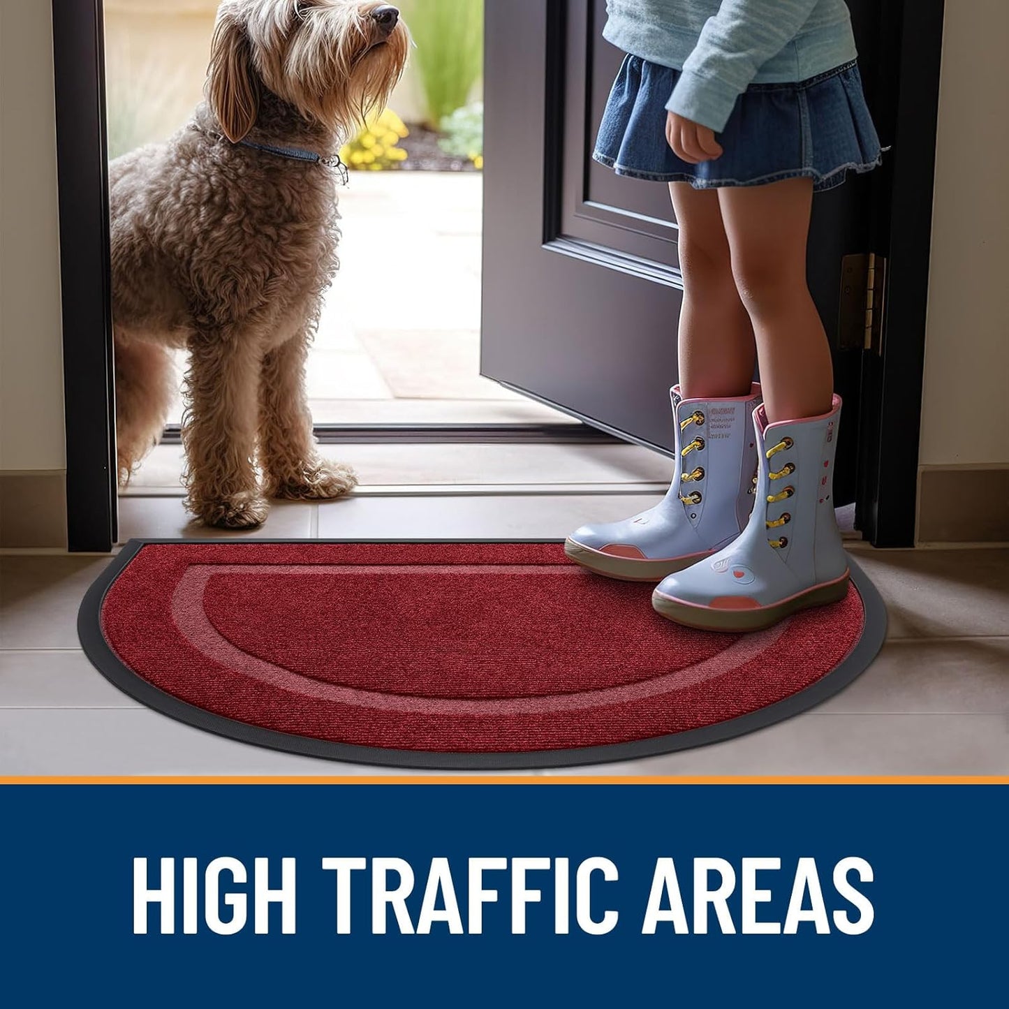 OLANLY Half Circle Door Mat - Waterproof All-Season Doormat for Indoor/Outdoor Use | 36x24, Wine Red