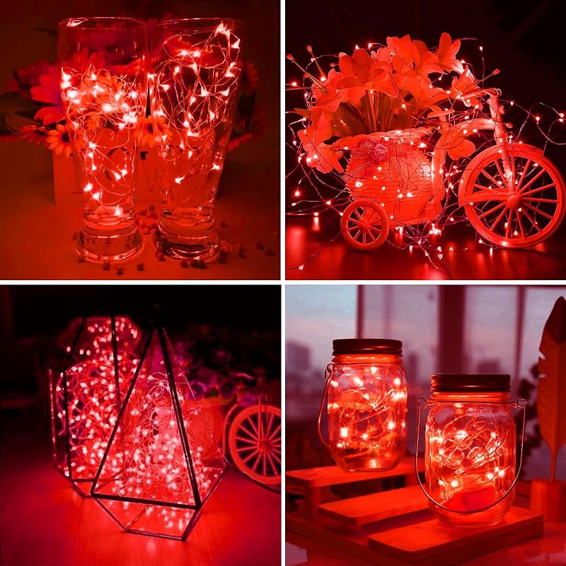 Red Fairy Lights 12 Pack with Remote & Timer - 7ft Silver Wire, IP65 Battery Operated
