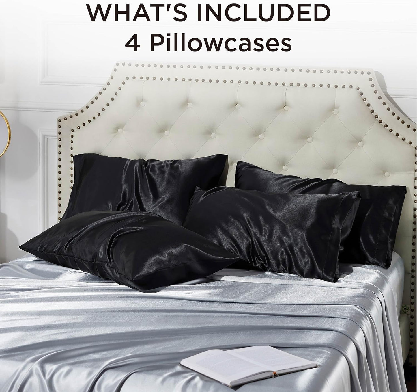 Bedsure Satin Pillowcases - Set of 4 Black Silk Pillow Covers for Hair & Skin | 20x26 Inches, Envelope Closure