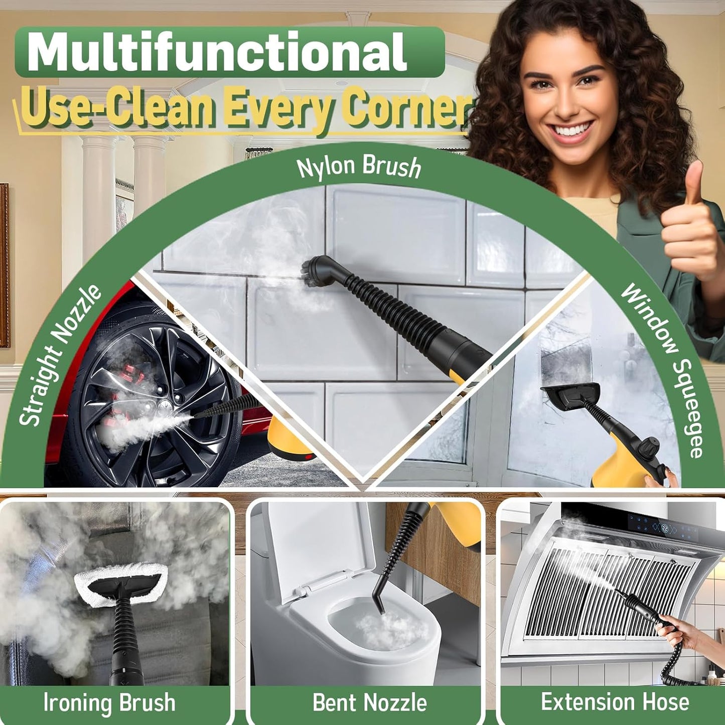Pressurized Handheld Steam Cleaner for Home Deep Cleaning, Multi-Purpose Portable Steamer for Cleaning with 11 PCS Accessories for Dirt, Grease, Window, Car, Furniture, Bathroom, Couch, Tile and Grout