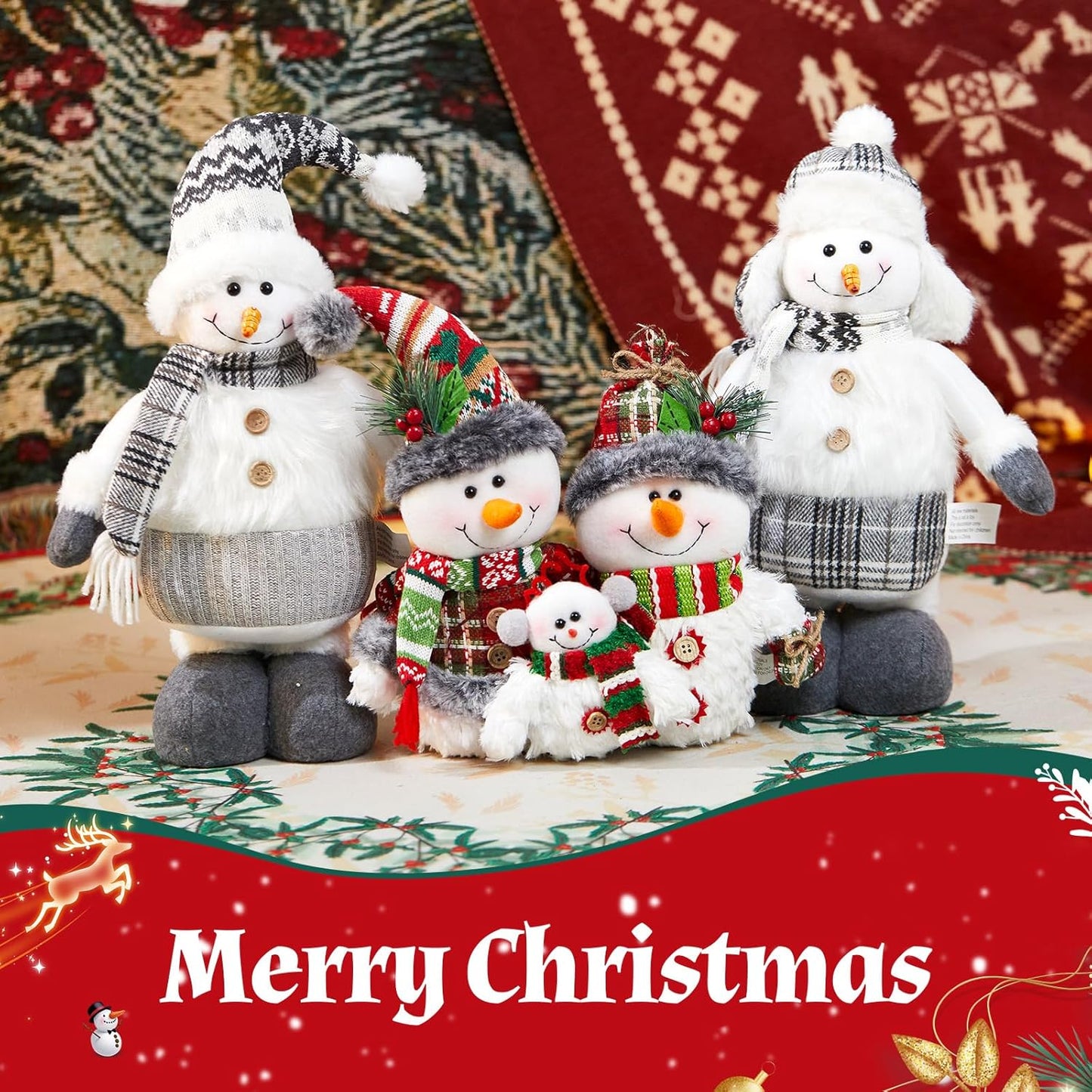 WEWILL 12'' Christmas Snowman Figurine - Cozy Family Tabletop Decor for Holiday Cheer