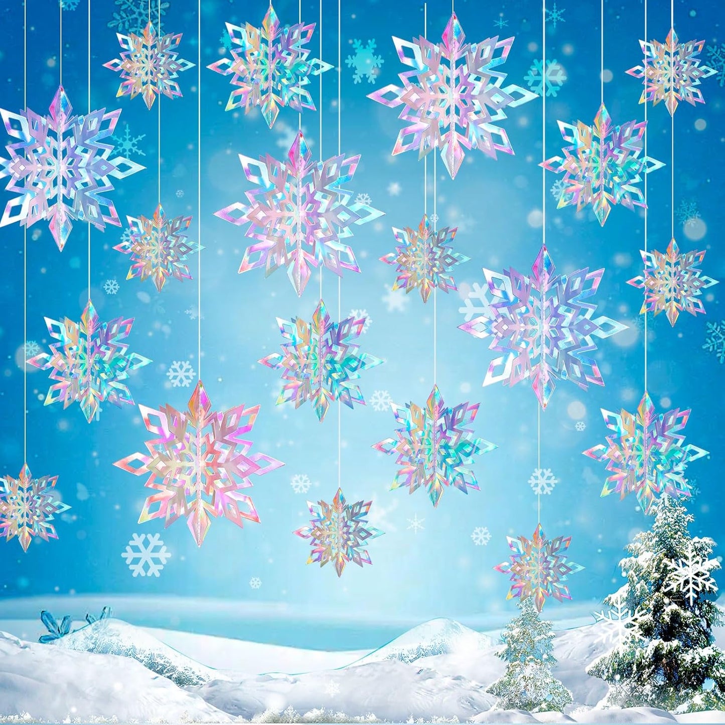 Skiennix 15PCS Christmas Hanging Snowflakes - 3D Iridescent Paper Ornaments for Winter Decor