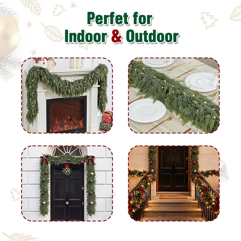 6FT 2PCS Extra Full Lighted Cedar Garland with LED Lights - 168 Branches, Realistic Two-Tone PE Foliage