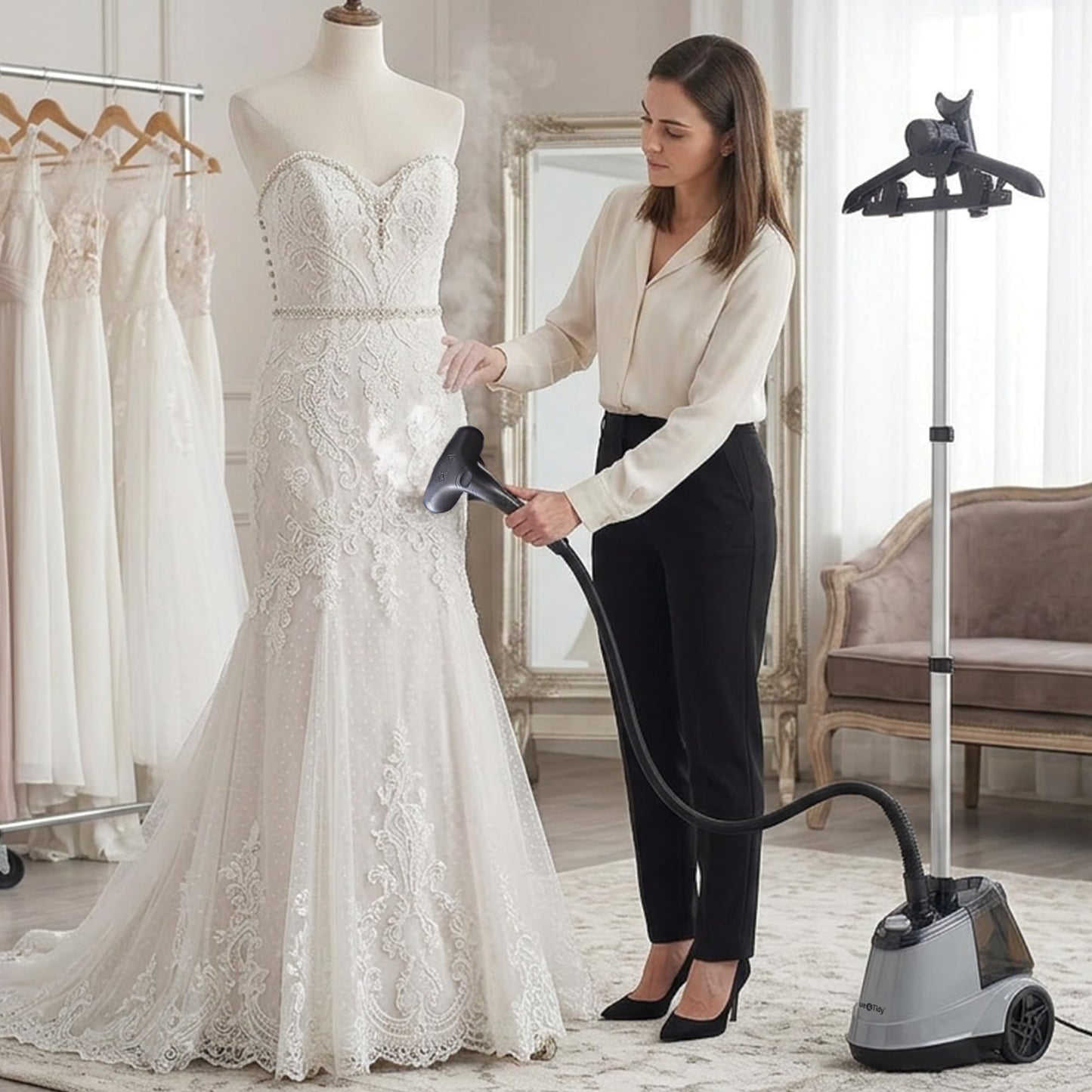 True & Tidy Heavy Duty Commercial Full Size Standing Garment Steamer for Clothes with Extra Large 3L (101 oz) Water Tank for 90+ mins of Steam Time, 1800 watts of Powerful Steam, 3 Settings, Gray