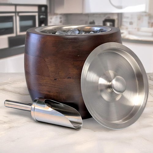 Iceberg 2.3 Quart Ice Bucket with Lid & Scoop – Mango Wood Ice Bucket with Stainless Steel Liner, Airtight Sealed Lid, Premium Barware for Cocktails & Entertaining