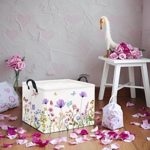 HIYAGON Rectangular Baby Girl Basket Kids Baby Storage Basket Toy Storage Bin Organizer Box Room Decor(Purple Flower)