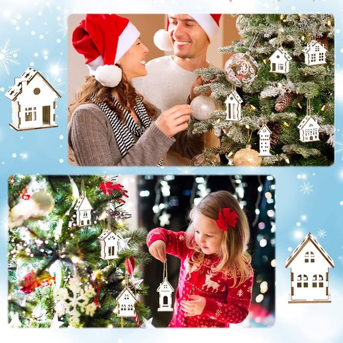 Coume Christmas Wooden Ornaments - 9 Pcs Rustic White House Cutouts for DIY Tree Decorations