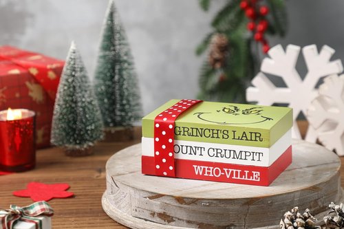 Grinch Christmas Decor - Wood Book Stack for Farmhouse Tiered Tray | Festive Home Table Accent