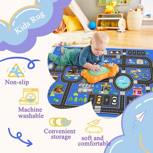 Fuzorise Kids Car Road Rug for Playroom, Washable Non-Slip Kids Rug for Girls & Boys Bedroom, Kids Carpet Educational City Traffic Route Playmat for Classroom