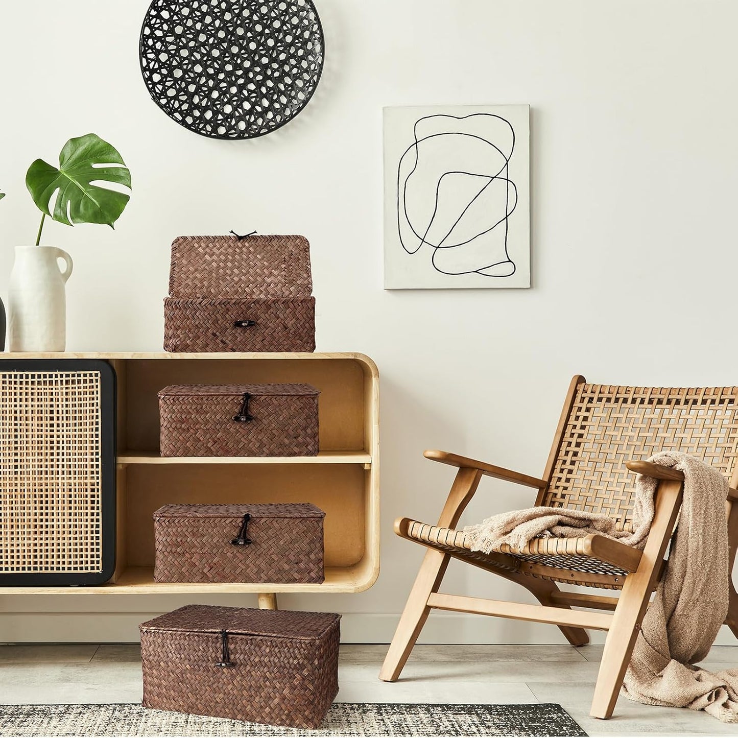 Woanger Wicker Storage Baskets Set of 4 - Handwoven Organizers with Lids for Home Office | Coffee Color