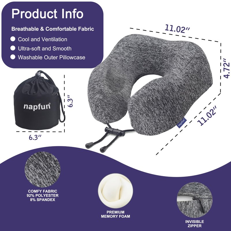 napfun Neck Pillow for Traveling, Upgraded Travel Neck Pillow for Airplane 100% Pure Memory Foam Travel Pillow for Flight Headrest Sleep, Portable Plane Accessories, Full Grey