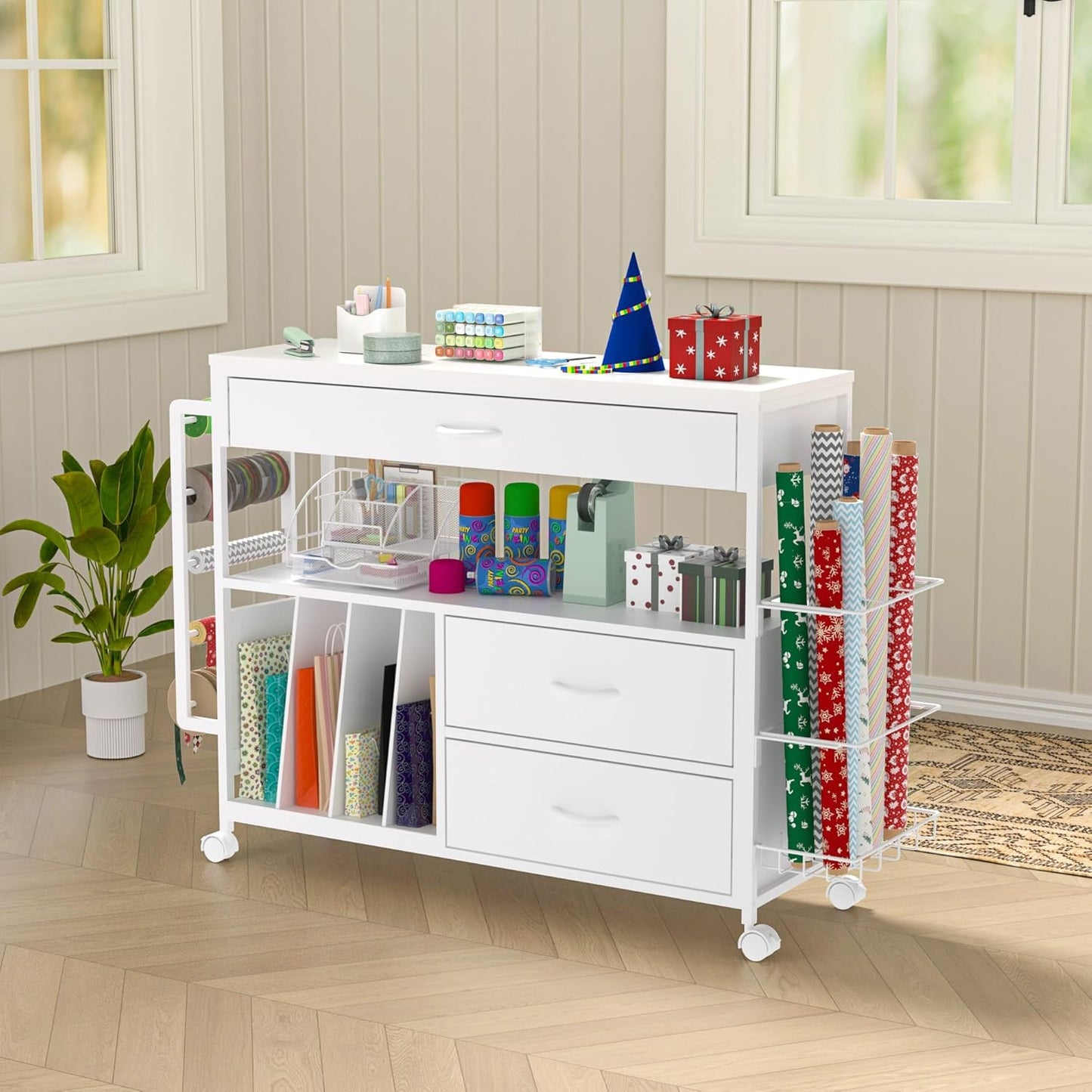 Skiennix Wrapping Paper Organizer - Stylish Craft Cart with Ribbon & Gift Bag Storage | 3 Wooden Drawers - White
