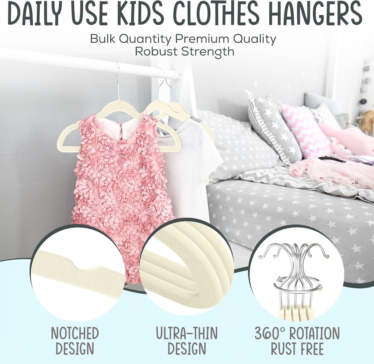 TechZoo 50 Premium Kids Velvet Hangers - Ultra Slim Non-Slip Clothes Hangers in Ivory - 14" Durable Design with 360° Swivel Hook