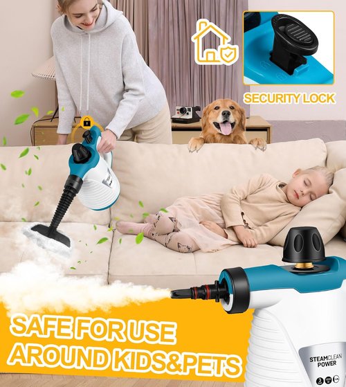 LanAqua Handheld Steam Cleaner with 9 Accessories, Pressurized Handheld Multi-Surface Natural Steam Cleaner for Home, Multi-Purpose Portable Steamer for Cleaning Floor, Upholstery, Grout and Car