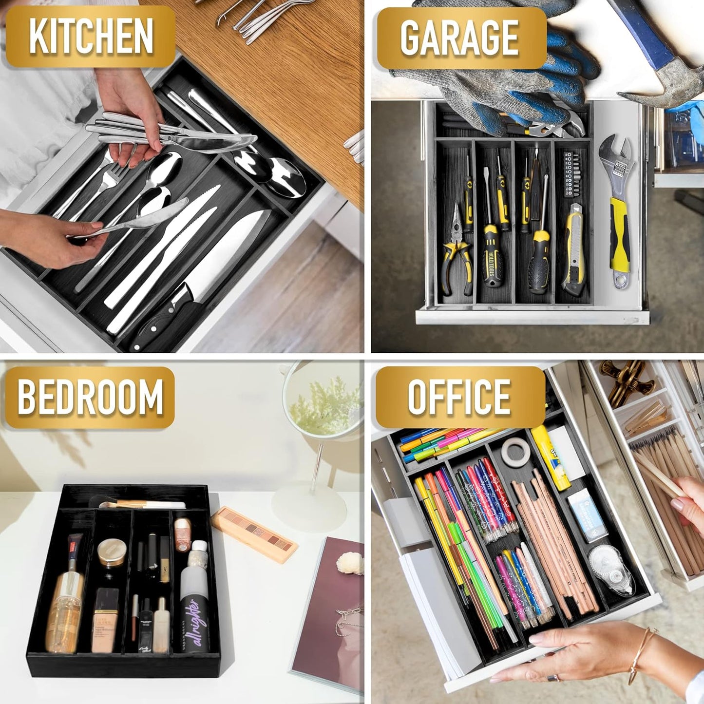 Regine Switzerland Bamboo Silverware Holder - 5-Slot Drawer Organizer in Black