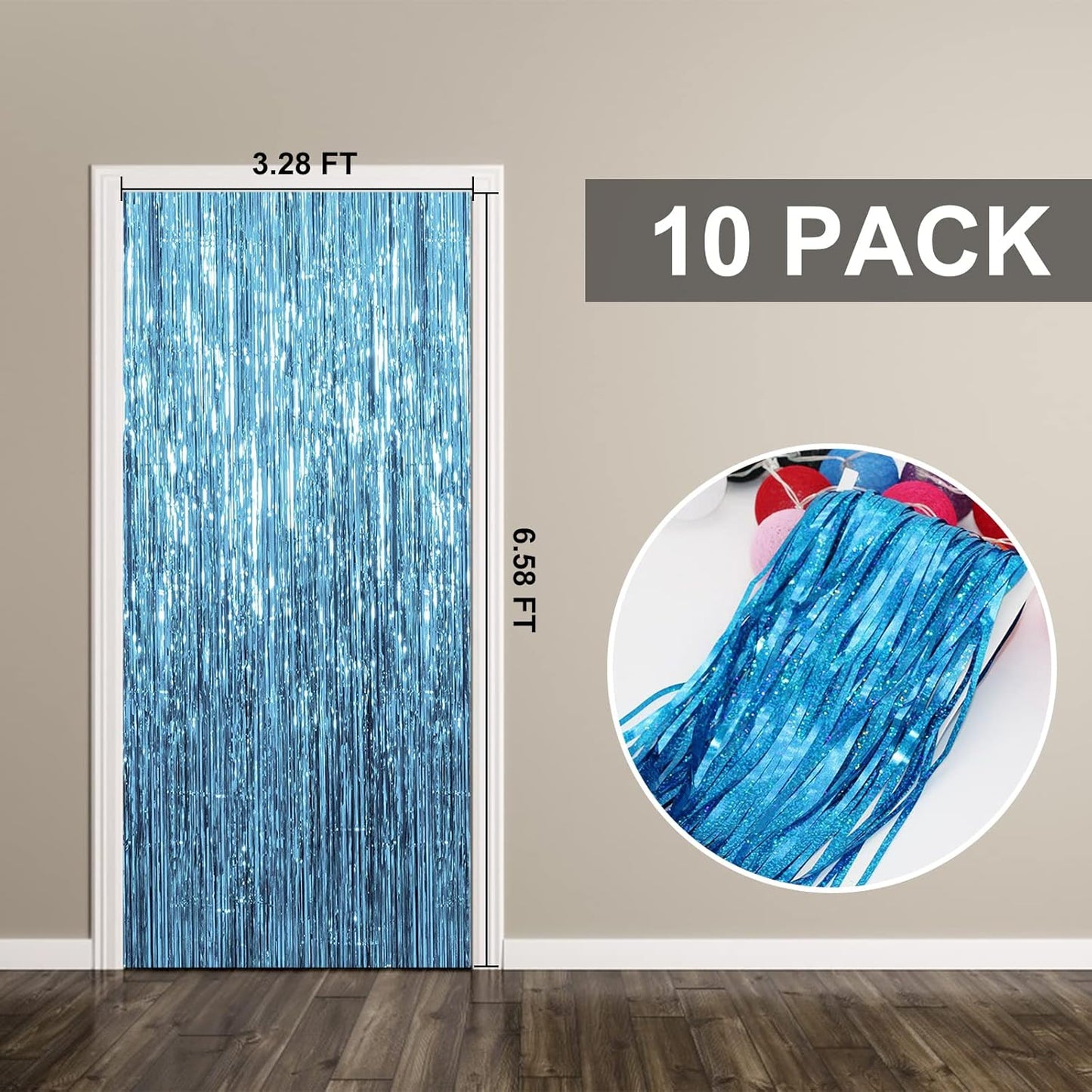 Skiennix Foil Curtain Backdrop - 10 Pack Blue Metallic Tinsel Fringe for Parties & Celebrations