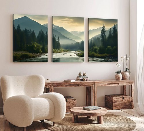 Framed 3Pcs Nature Landscape Wall Art Misty Forest Prints Mountain Pictures Dark Green Plant Posters Botanical River Canvas Painting Home Wall Decor for Living Room Bedroom Bathroom 16x24in