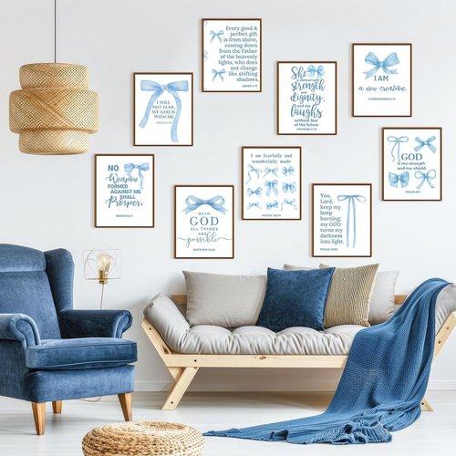 Chiisong Blue Bow Wall Art Decor - 9 Inspirational Bible Verse Poster Prints | 14 x 11'' Unframed for Girly Aesthetic Room