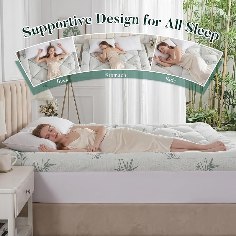 Queen Memory Foam Mattress Topper 3" with Bamboo Cooling 8-21" Deep Pocket - Green Variation