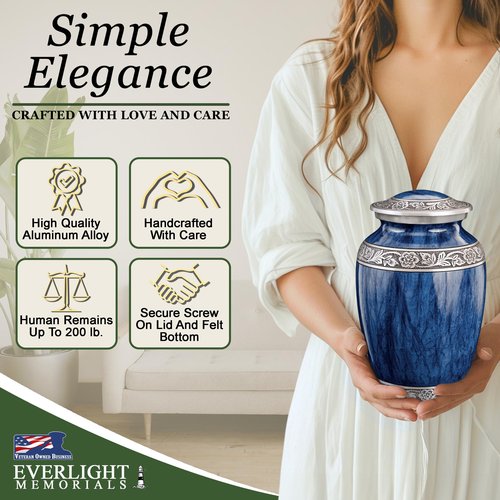 Everlight Memorials Classic Watercolor Dark Blue Large Urn for Ashes - Adult Men & Women - Cremation and Burial Urns for Adult Human Ashes