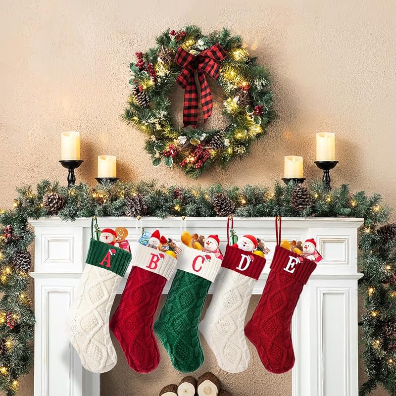Large 18'' Embroidered Monogram Knit Christmas Stocking - Green White, Letter T