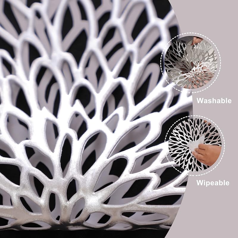 6 Pack Silver Placemats - 15" Round Glitter Vinyl Table Mats for Winter Holidays