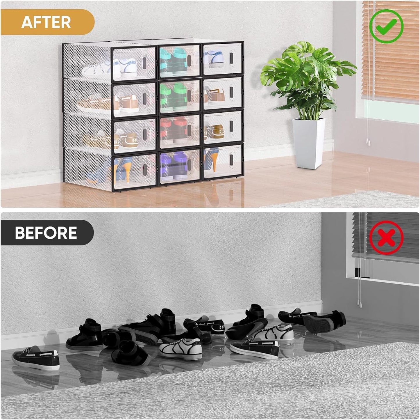 BALEINE Stackable Shoe Storage Boxes - 12 Pack Thickened Clear Plastic Organizers | Fits Size 9, Large Black