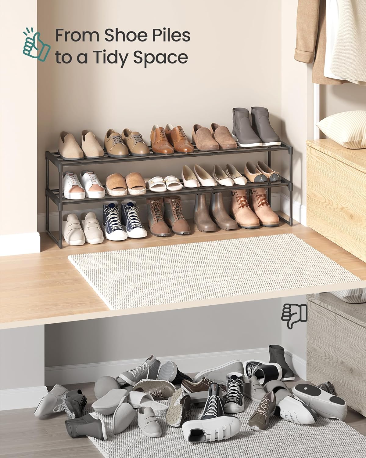 SONGMICS 2-Tier Shoe Rack - Stackable Metal Organizer for 15-18 Pairs | Black, 11.8 x 46.1 x 14.6 Inches