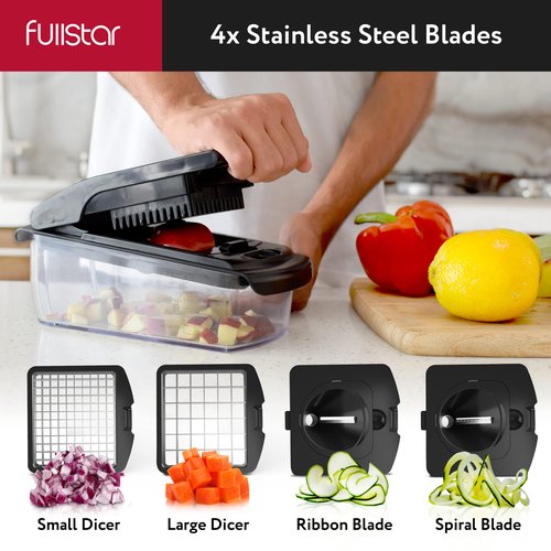 Fullstar Vegetable Chopper, Mandoline Slicer - Cheese Grater, Food Chopper with Container, Kitchen Gadgets, Home Essentials (11-in-1, Black/SS)