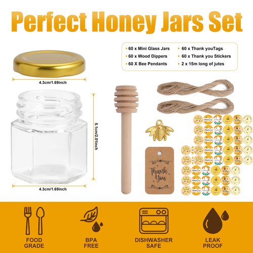 JIUHSHN 60Pcs Mini Glass Honey Jars 1.5Oz Hexagon Small Honey Jars In Bulk with Wooden Dippers,Bee Charms,Thank You Cards,Jutes and Stickers for Baby Shower Wedding Party Favors