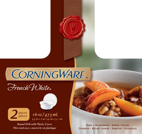 CorningWare Round French White Casserole Dishes - Set of 2 with Plastic Lids, 16oz Each