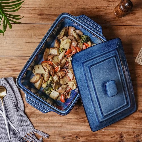 KOOV Ceramic Casserole Dish - Covered Rectangular Lasagna Pan, 9 x 13 Inches, Nebula Blue Reactive Glaze