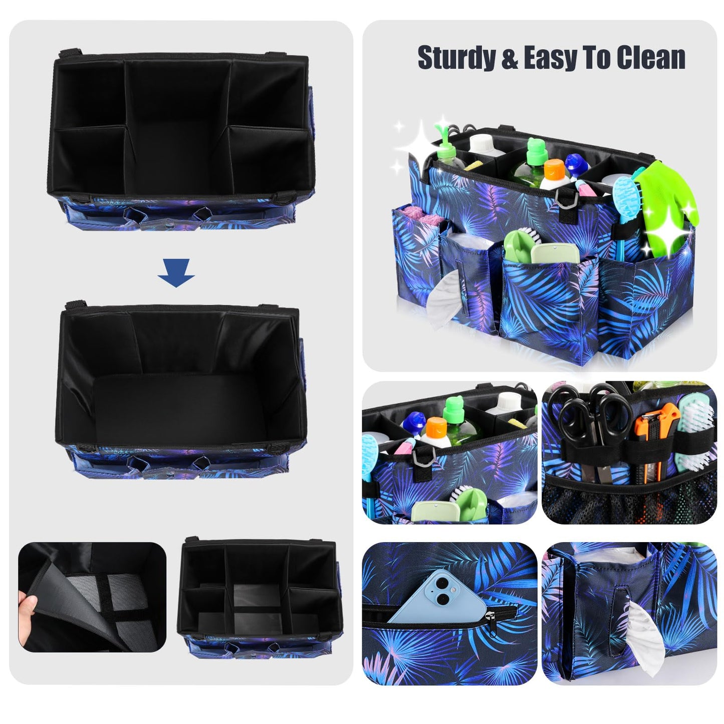 Wearable Cleaning Caddy Bag with Handle, Multi-functional Cleaning Supplies Caddy Organizer with Handle and Shoulder Strap for Car Wash, Gardening Tools, Painting/Picnic Items, Beach (Blue Leaves)