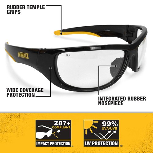 DEWALT DPG94-1D Dominator™ Z87+ Safety Glasses – Black Full Frame & Clear Lens – Rubber Temples & Nosepiece – 1 Pair