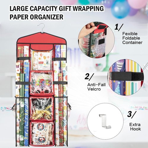 Christmas Wrapping Paper Organizer - Double-Sided Gift Bag Storage Holder | Red