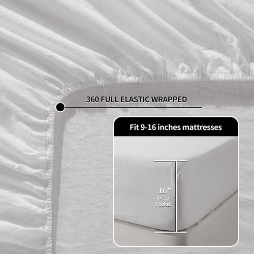 LBRO2M 100% Pure Linen Sheet Set Deep Pocket Up to 16" Bed Sheets Sets, Natural Flax Beddings Soft, Breathable, Comfortable for All Seasons 4 Pcs Sheet Set King Size, White