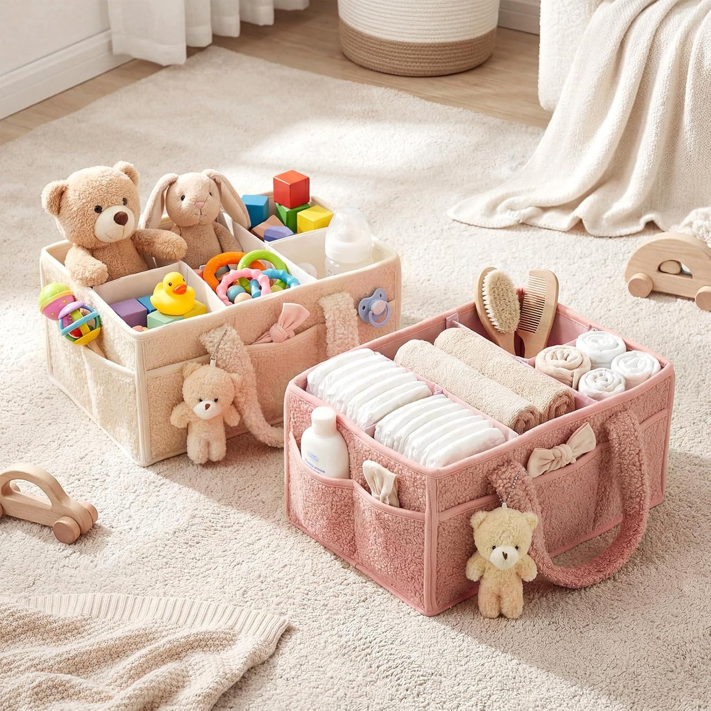 Shinylin Diaper Caddy Organizer - 2 Pack Nursery Storage Bins with Handle | Powder Pink & Ivory