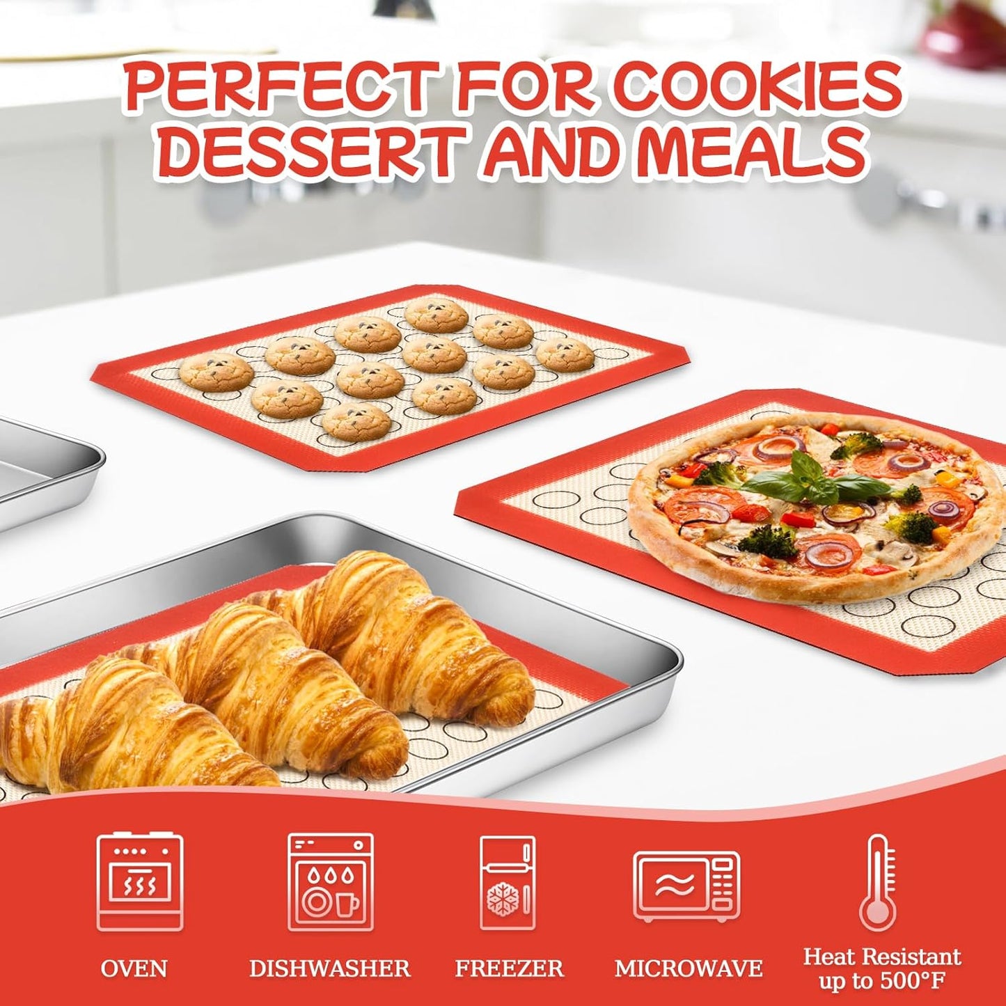 CEKEE Stainless Steel Baking Sheet Set - 6PCS Cookie Sheets with Silicone Baking Mats for Oven Use