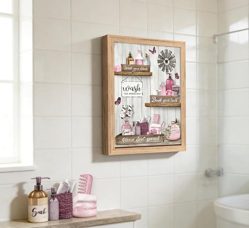 Farmhouse Bathroom Wall Art by Pink - 'Please Seat Yourself' Canvas Print | Modern Framed Decor